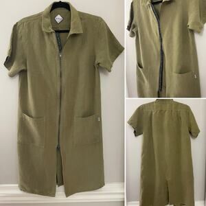 FairPlay 100%‎ Linen Lagenlook Minimalist Army Olive Green Zip Shirt Dress Small